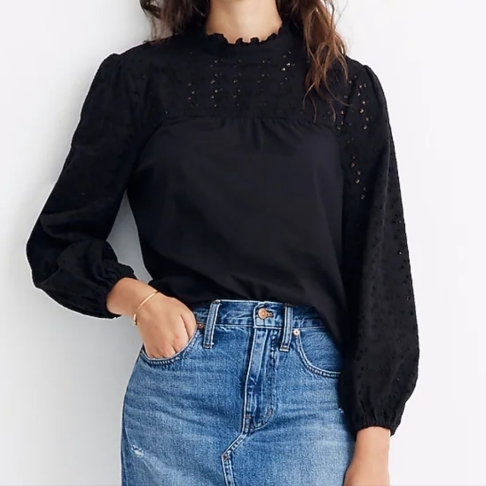 Madewell Pieced Eyelet Mock Neck Ruffle Top
